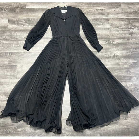 Miss Elliette Pants - VTG Miss Elliette California Sz 10 Black Pleated Jumpsuit Wide Leg Sheer Sleeve